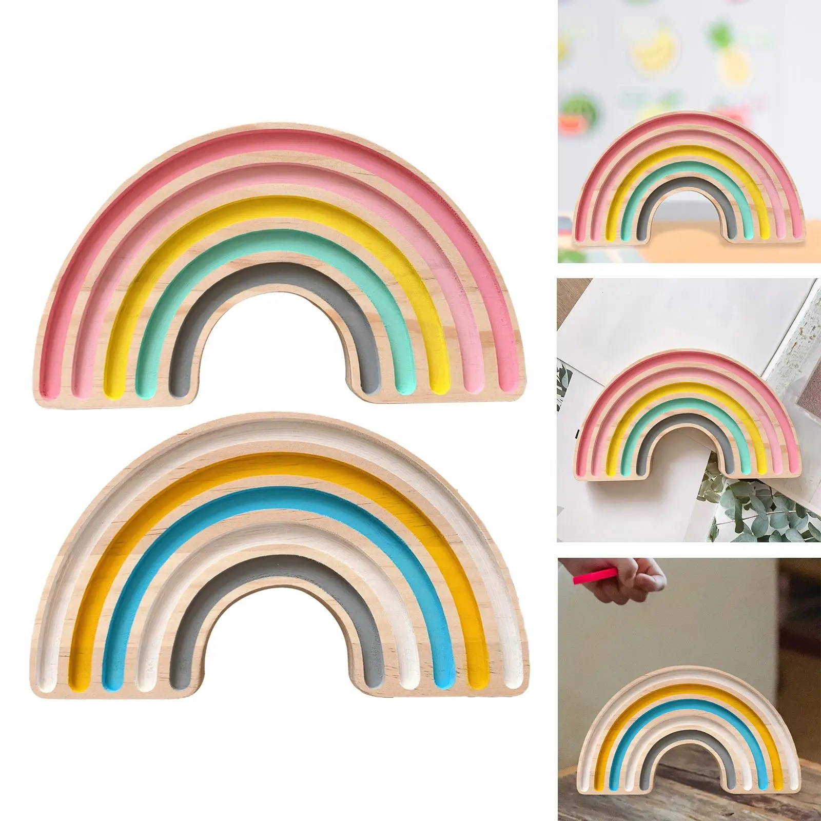 Handmade Wooden Rainbow Board Ornament Block Stacking Toy Creative Craft Decorative for Cafe Bedroom Decoration Playroom Desk