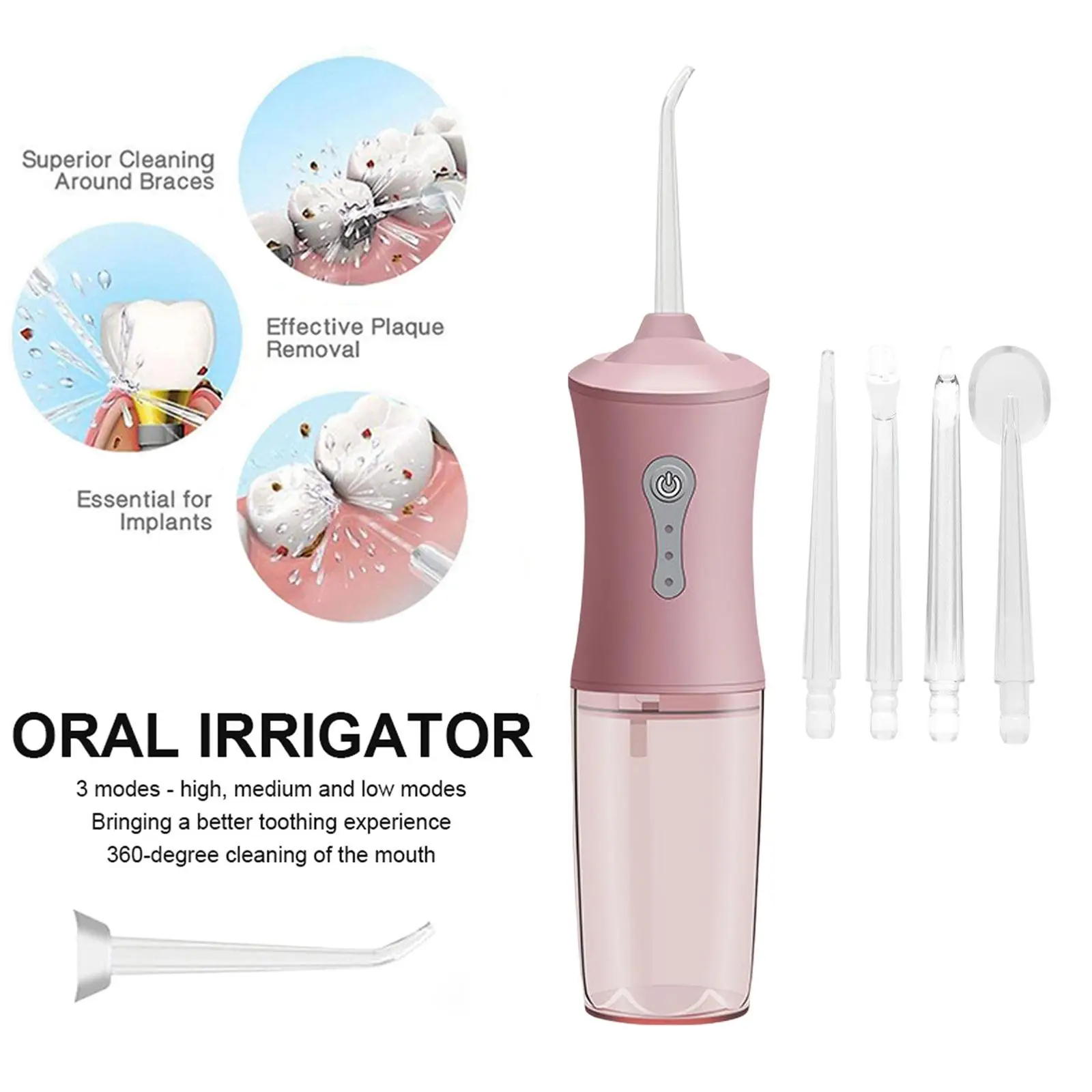 Cordless Oral Irrigator Professional Rechargeable IPX7 Waterproof Adjustable Pressure 220ml Water Tank with 4 Nozzles Water Jet