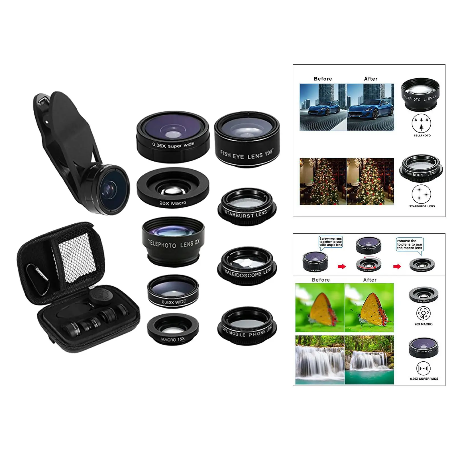 Universal 9 in 1 Phone Camera Lens Kit 20x Macro Lens 15x Macro Lens Kaleidoscope 0.36x Wide Angle for Most Smartphones