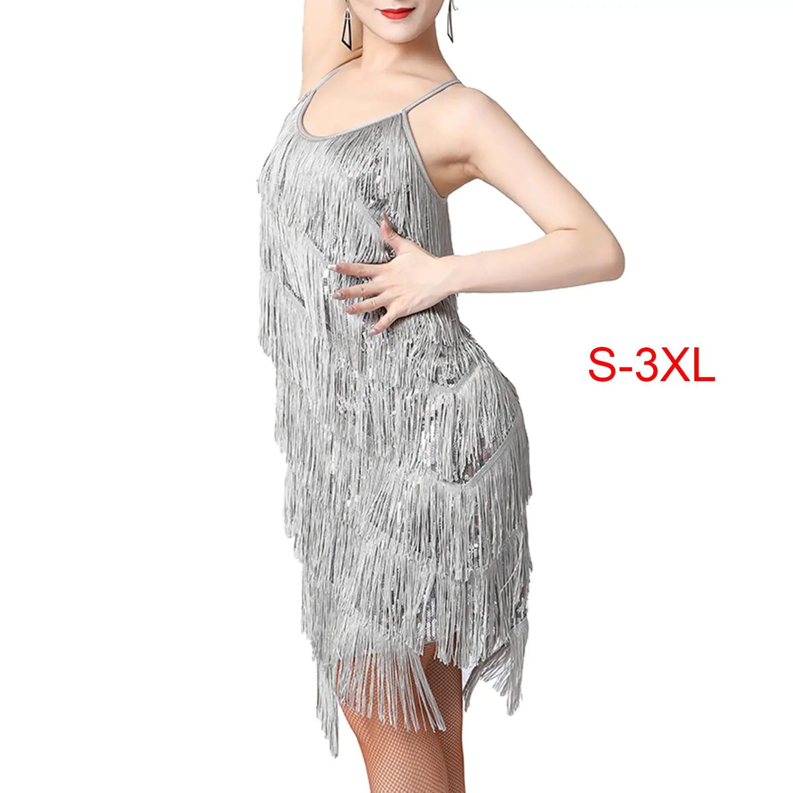 Women`s Flapper Dress Dress Competition Clothes Soft Ladies Sequin Tassel Dress for Ballroom Tango Prom Performance Rumba