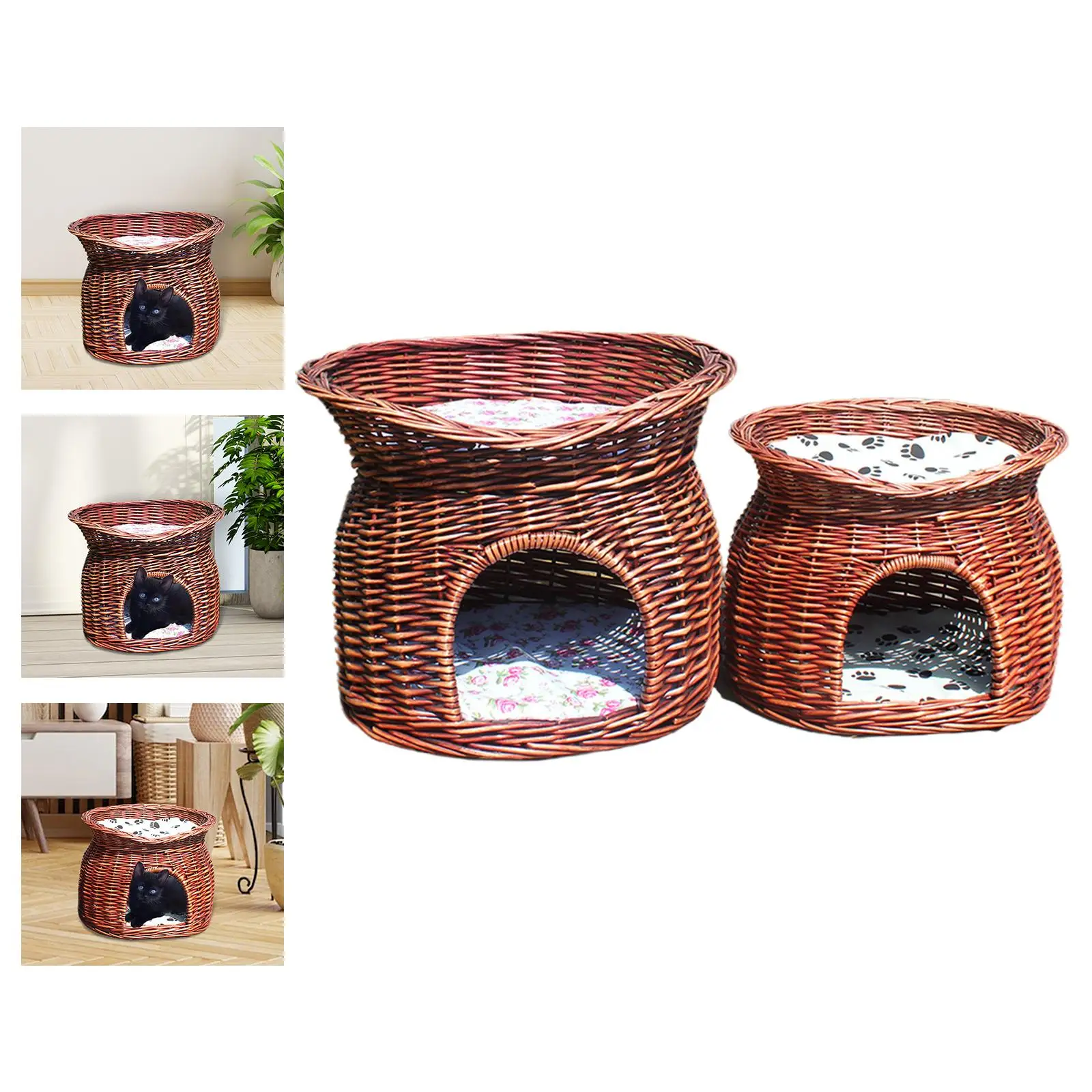 Pet House Rattan Woven Semi Enclosed Summer Kitten Cave Tent with Cushion Cat Nest Dog Bed Kitten House Wicker Basket Cat Bed