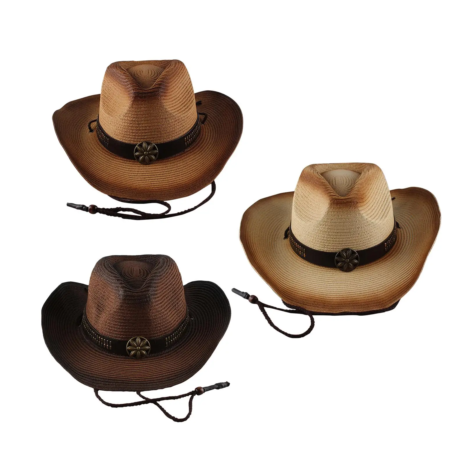 Women and Men Western Style Cow boy Hat Wide Brim Panama Cowgirl Hat with Lanyard with Buckle Sun Hat Fashionable for Travel