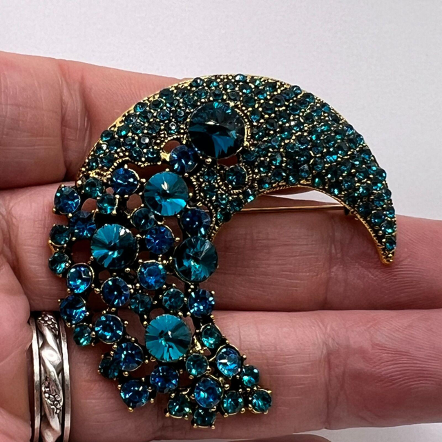 Vintage Black Enameled Clear Rhinestones Crescent Moon 