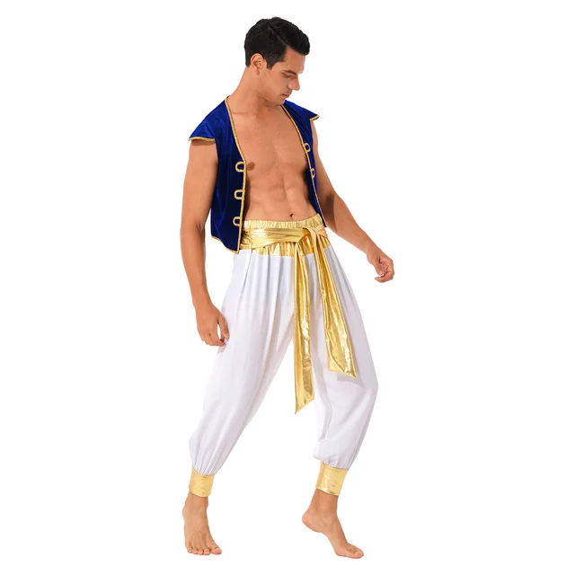 Disfraz mítico de Príncipe Aladin para hombre, traje de fiesta con  lentejuelas de Cosplay, chaleco con cinturón y pantalones - AliExpress