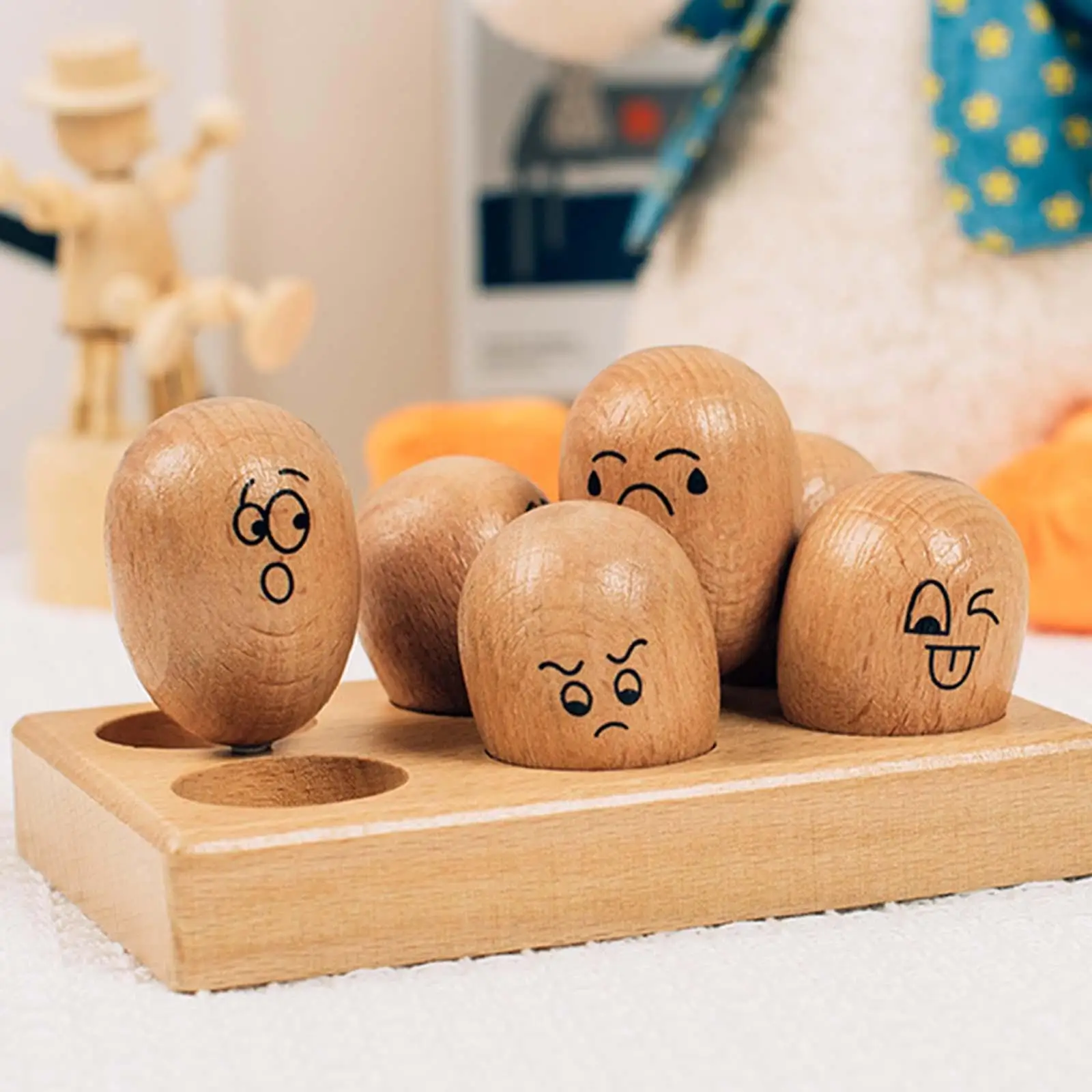 Expression Toys Portable Reducing Stress & Anxiety Egg Shaped 7 Pieces Set Gift Funny Wooden Emotion Toys for Toddlers All Ages