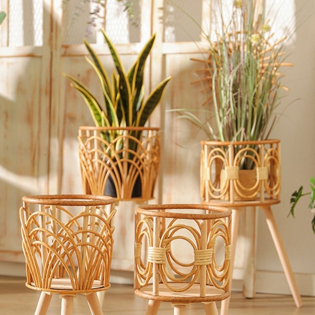 Rattan Plant Stand Woven Plant Stand Wooden Wicker Planter with