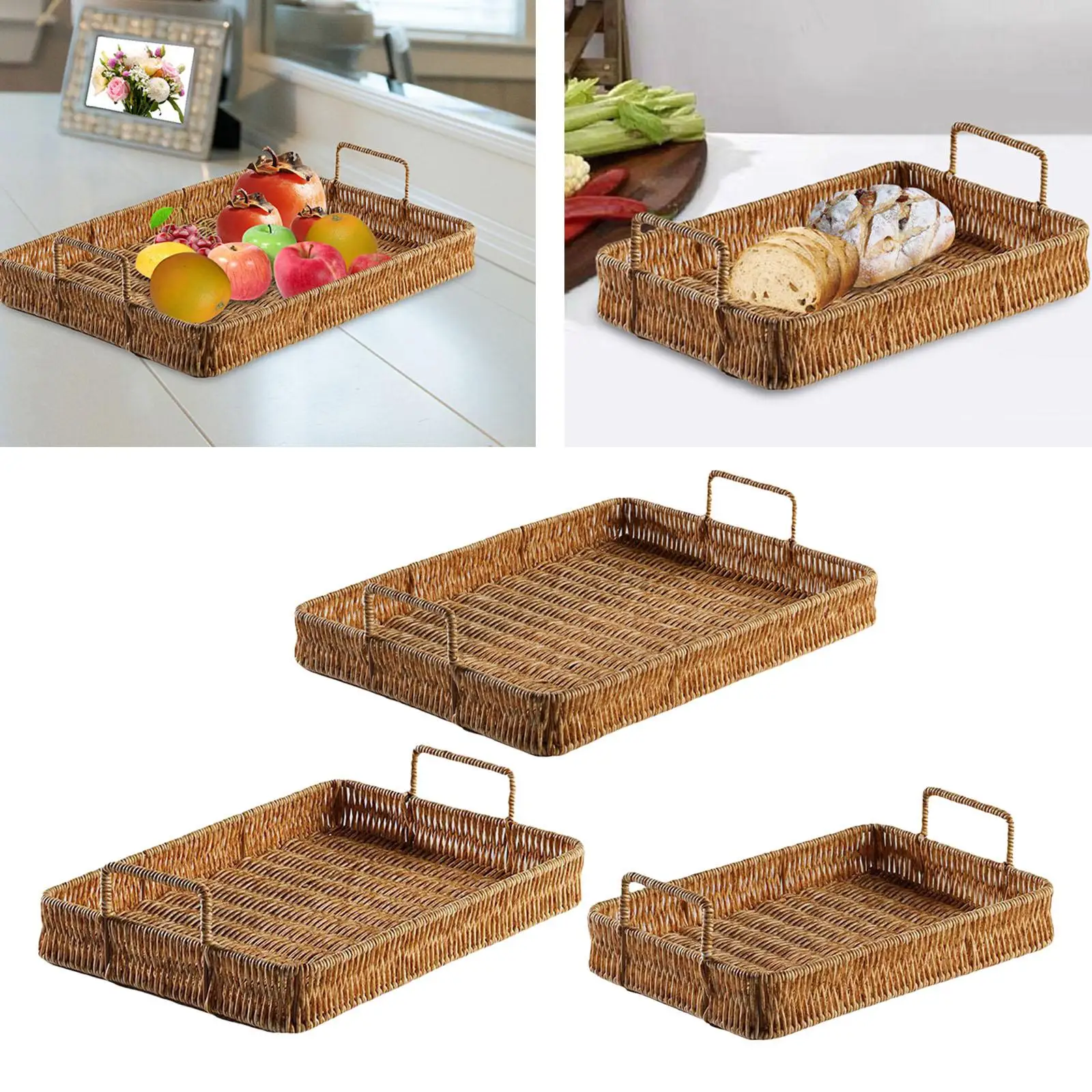 Rectangle Hand Woven Serving Tray Crafts with Handles Vegetables Holder Breakfast Serving Trays Multi Use for Wedding Gift Home