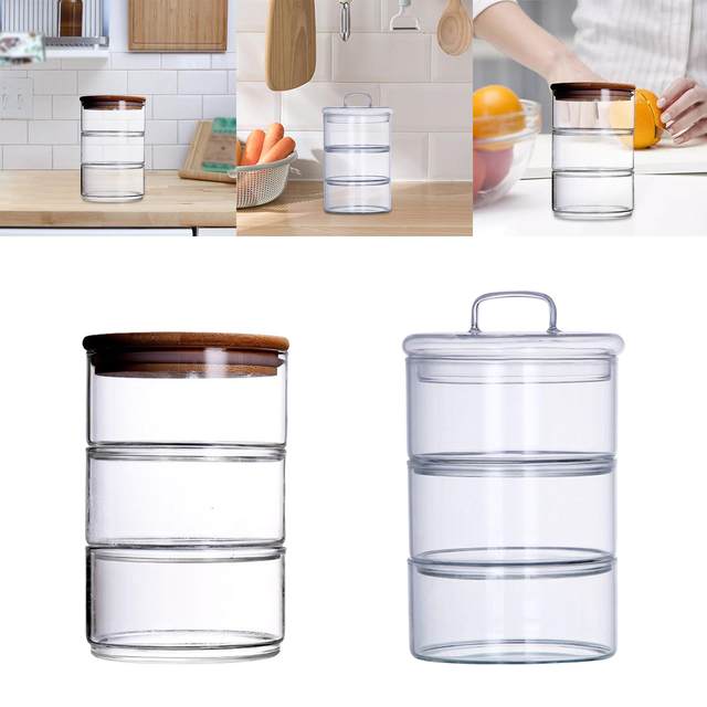 Glass Storage Jar Glass Storage Container Sealed Canister 3 Tier Stacking  Jars 3 Tier Glass Food Jar for Candy Biscuits Snack Cereal Cabinet Wood Lid