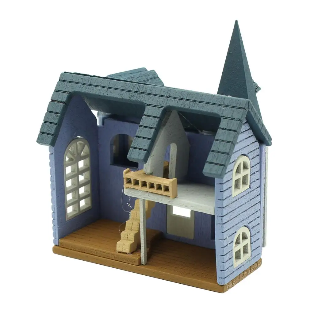 Wooden 1/24 Scale Dollhouse Miniatures DIY House Kit Accessory -Blue Cottage