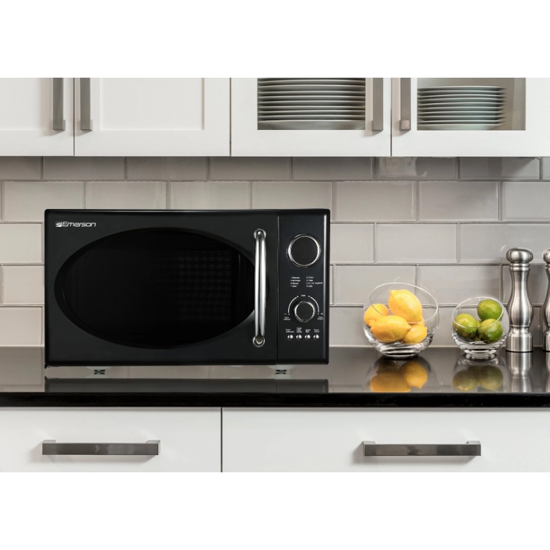 Title 2, Emerson 0.9 Cu Ft, 800W Retro Black Microwave O...