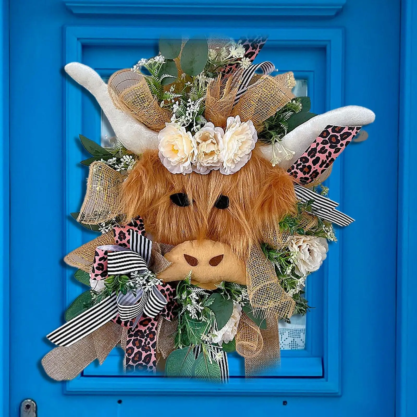 Highlands Cow Wreath Welcome Wreath Window Hanging Spring Decoration Wreath for Front Door Easter Artificial Flower Garland 40cm