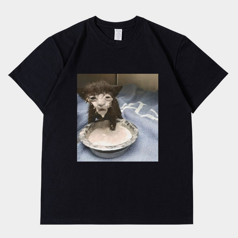 Milch gesicht Katze Meme Print T-Shirt seltsamen Humor lustige Katze Grafik T-Shirts Männer Frauen Mode Baumwolle übergroße T-Shirt Streetwear – Detail 2