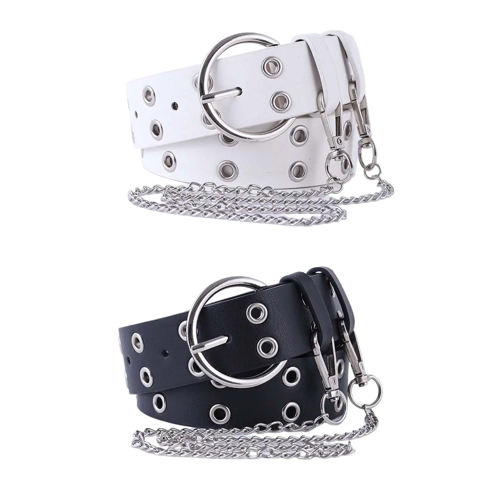 Women Punk Chain Belt Ladies Adjustable Double Row Hole Eyelet Jeans Gothic Decor Waistband with Chain Decorative Belts