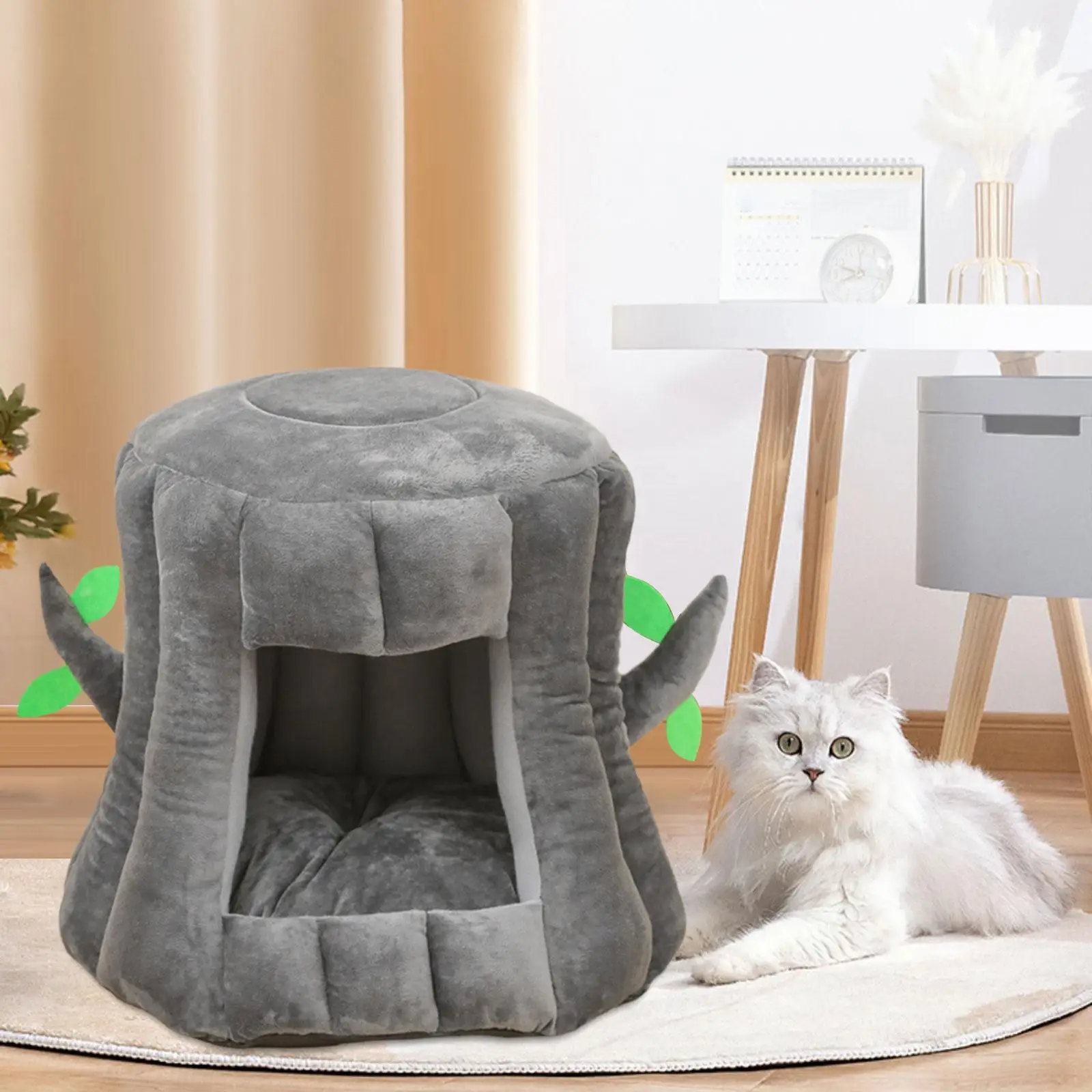 Dog Bed Cave Puppy House Self Warming Tree Shape Furniture Nonslip Bottom Semi Enclosed Cushion Kennel for Medium Large Cats