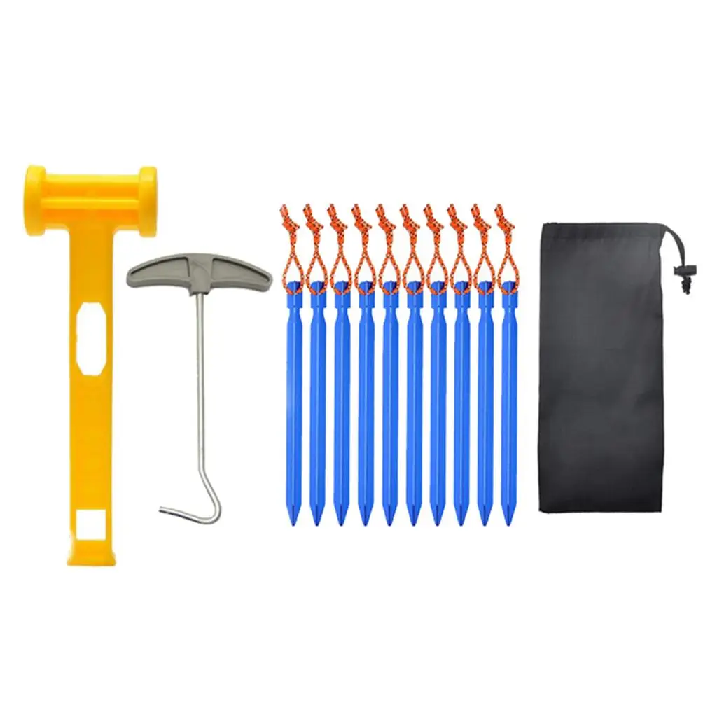 10X Heavy Duty Tent Peg Hard Ground Nail with Peg Puller Remover Plastic Hammer