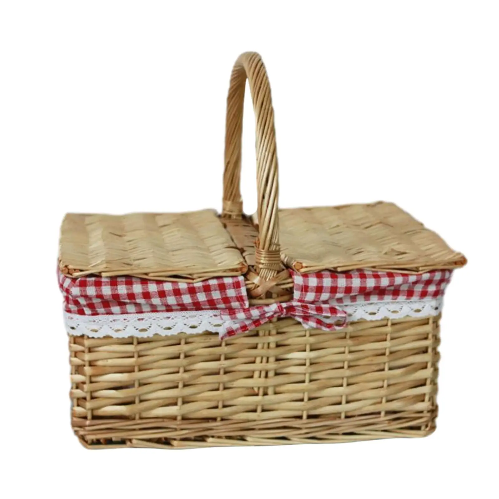 Wicker Picnic Basket Rattan Storage Serving Basket with Washable Plaids Liner Wicker Woven Basket for Park Outdoor Vegetables