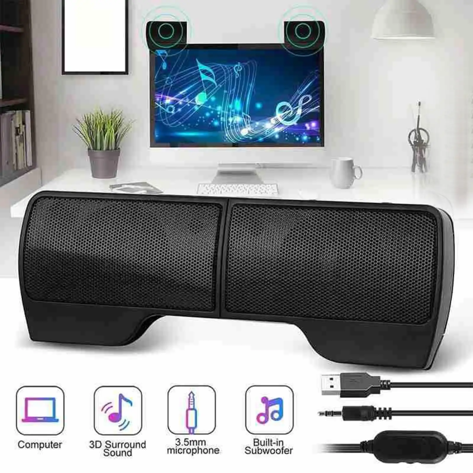 USB Computer Speaker Clipon Clear Sound for Gaming Monitor Home Use Laptop Office