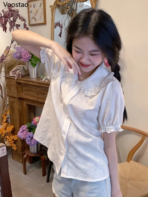 Japonês branco peter pan colarinho camisas femininas bonito lolita
