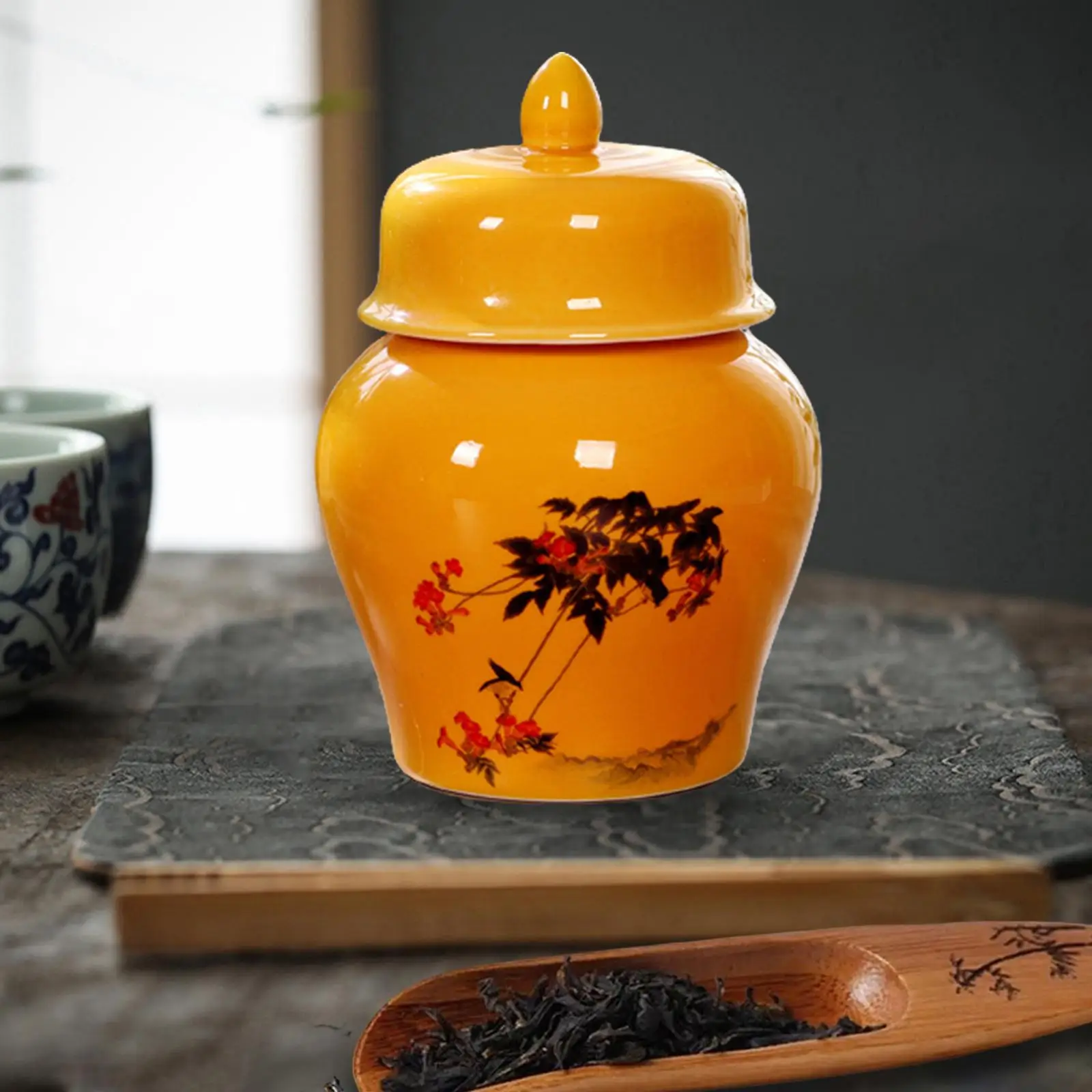 Ceramic Tea Canister Can Desk Storage Pots Porcelain Ginger Jar Temple Jar for Office Party Dining Table Sugar Coffee Loose Tea