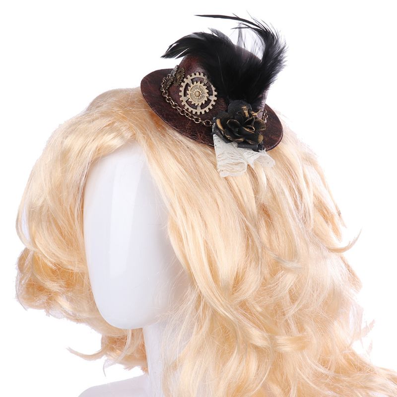 Frauen Mädchen Vintage Mini Top Hut Steampunk Haar Clip Gears Feder Goth Headwear – Detail 9