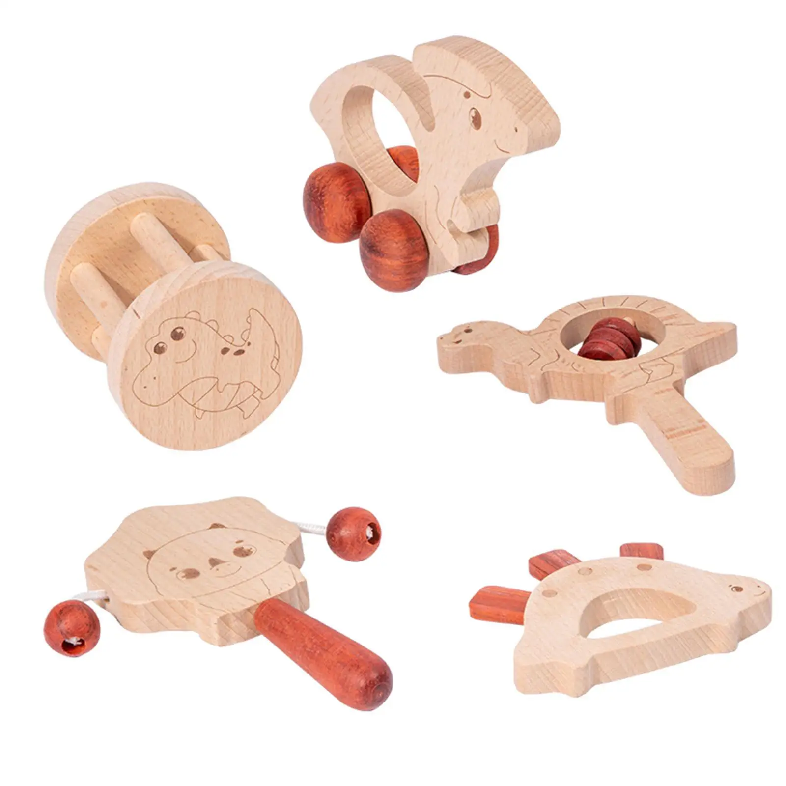 5x Wooden Baby Toy Set Montessori Toys Car Handmade Sensory Development Baby Rattle Wood Toy Rattles for Babies 6-12 Months