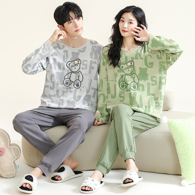 男性と女性のための漫画のクマのパジャマセット,長袖の綿の