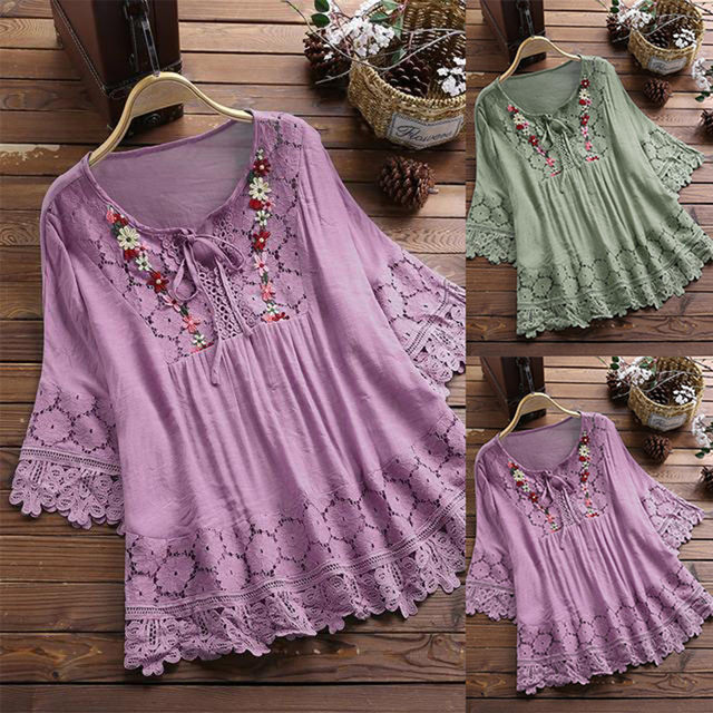FAVIPT Linen Shirts For Women 3/4 Lace Length Sleeve Blouses Vintage Embroidered Boho Gauze Tops V Neck Patchwork Bandage Tunic Tees Summer 2025 White,L-703103