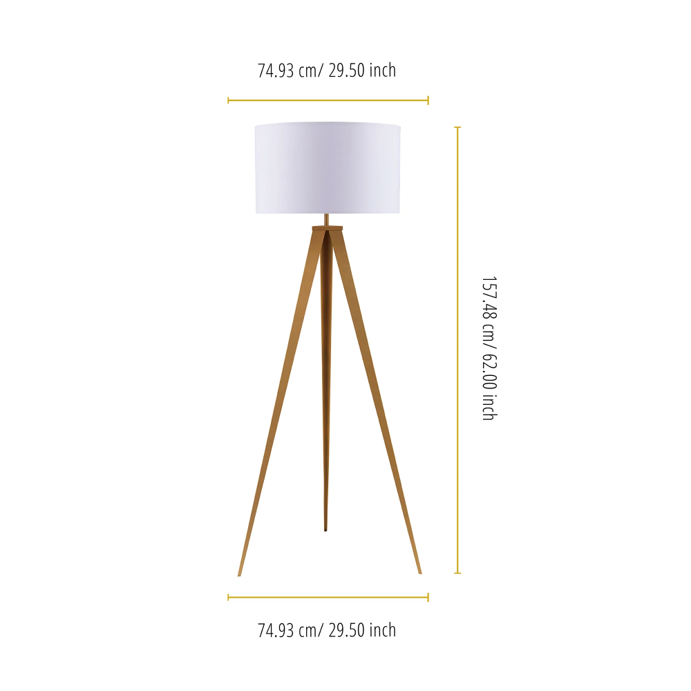 Romanza Matte Gold Tripod Floor Lamp with White Shade Bedroom Reading Deco Dining Room Light