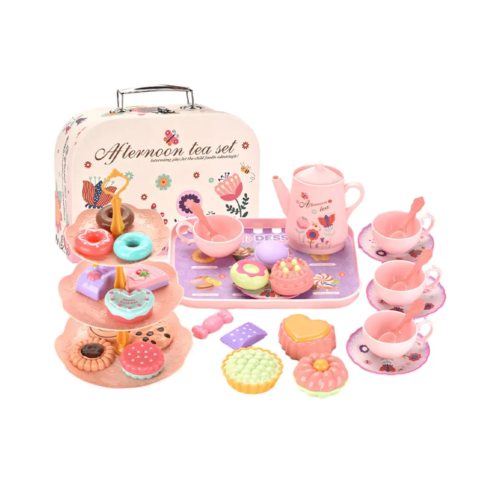 Tea Set for Little Girls Montessori House Accessories Dessert Teapot Dishes Playset for Age 3 4 5 6 Year Old Preschool