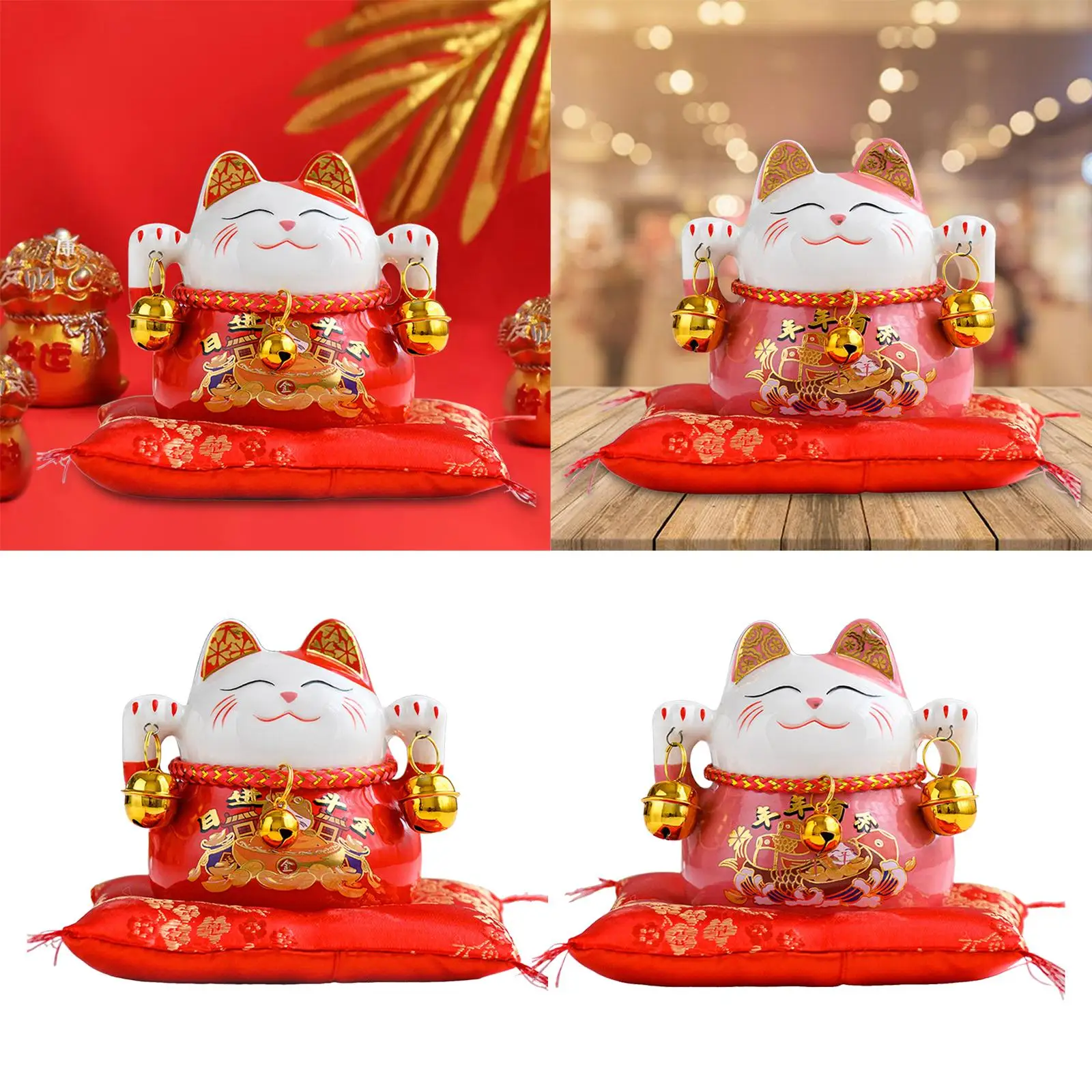 Chinese Style Lucky Cat Money Bank Ceramic Ornament Craft Kitten Statue for Restaurant Desk Fireplace Bedroom Decor