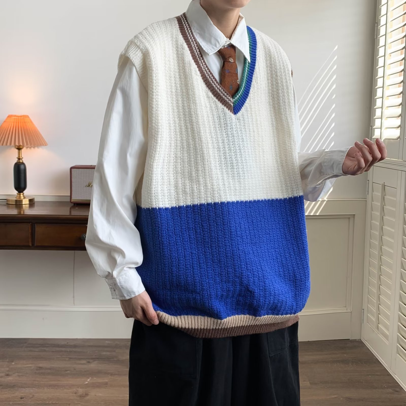 Description Picture 6 of itemPanelled Vests Men Japanese Preppy Style Streetwear Harajuku Asymmetric Solid Retro V-neck Baggy Popular Advanced Hipster Cozy