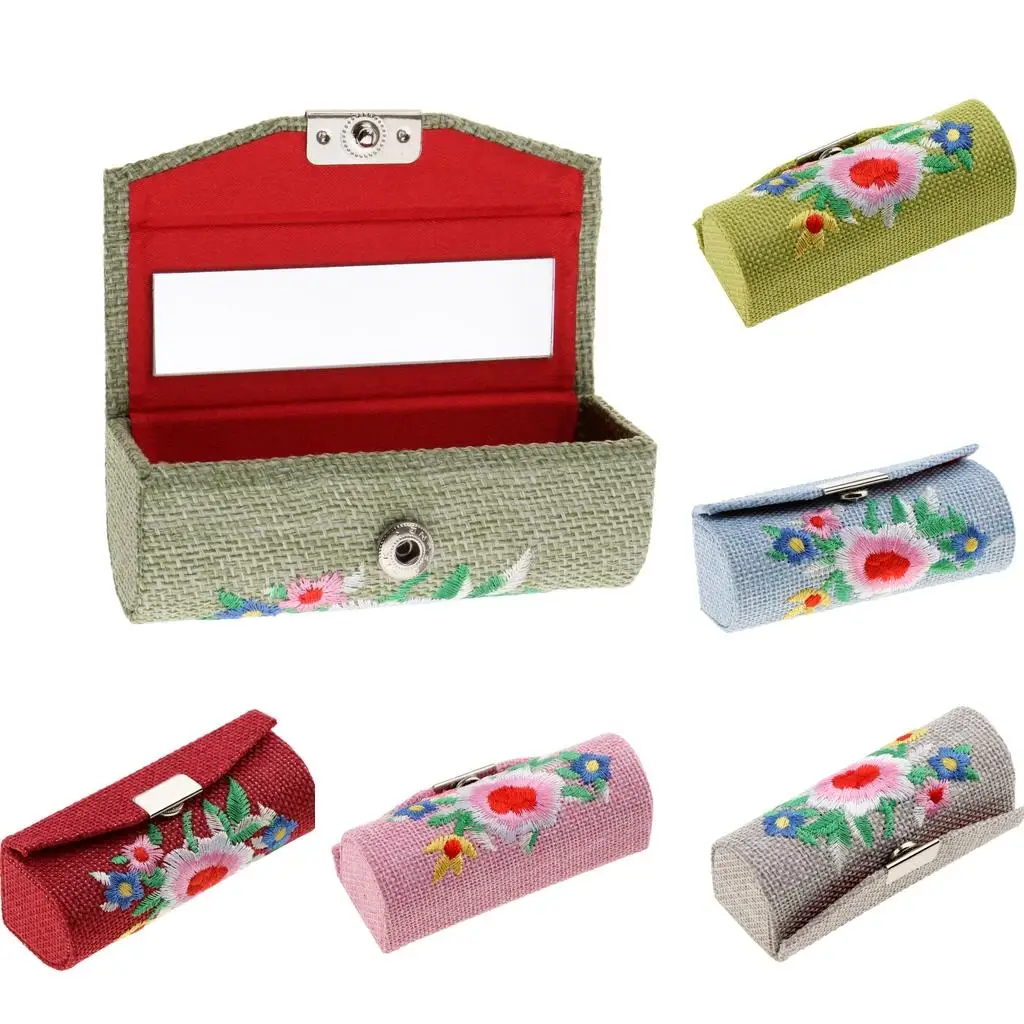 Retro Flower Falx Embroidered Lip Gloss Lipstick Case Holder Box With Mirror