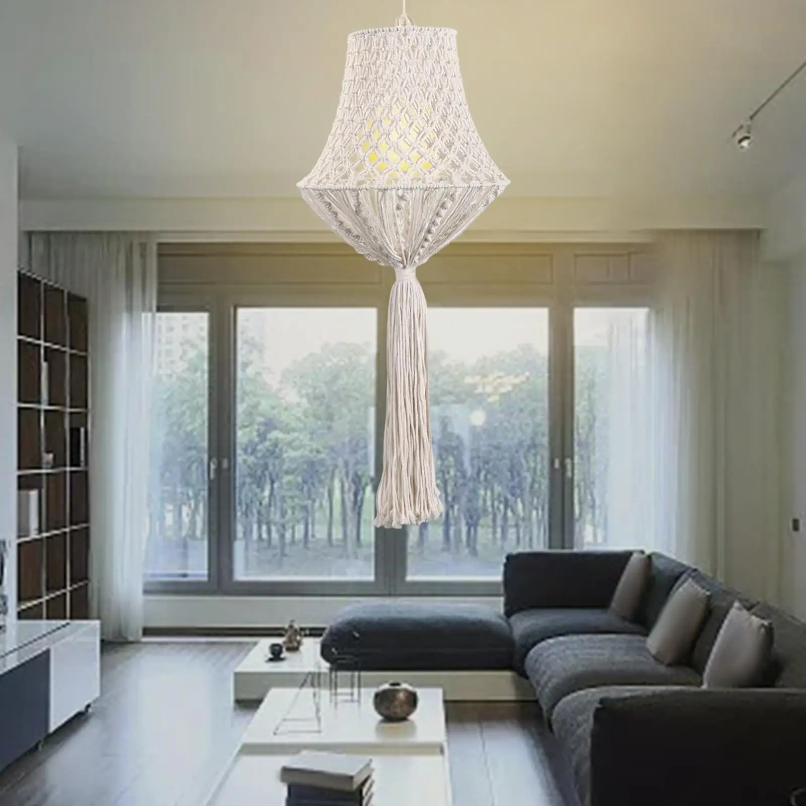 Rural Style Macrame Lamp Shade Handmade Weaving Ceiling Light Shade Fitting Chandelier Lampshade for Living Room Home Decoration