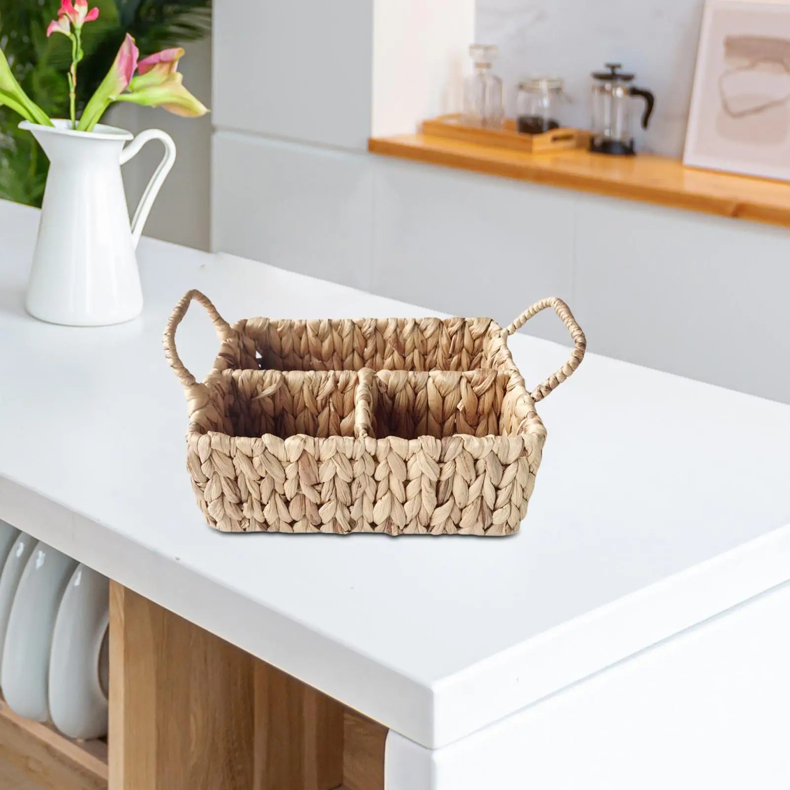 Rattan Woven Divided Storage Basket with Handles Versatile Handmade Snack Container 10x7.8x4inch for Organizing Tabletop Durable