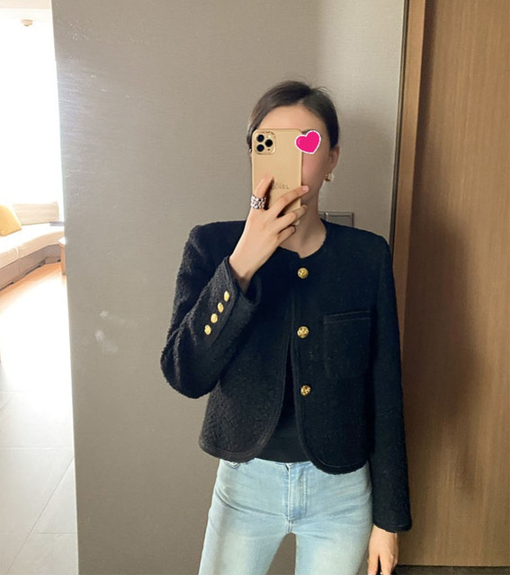 2025 Autumn New Black Tweed Coat Women Korean Elegant O-neck