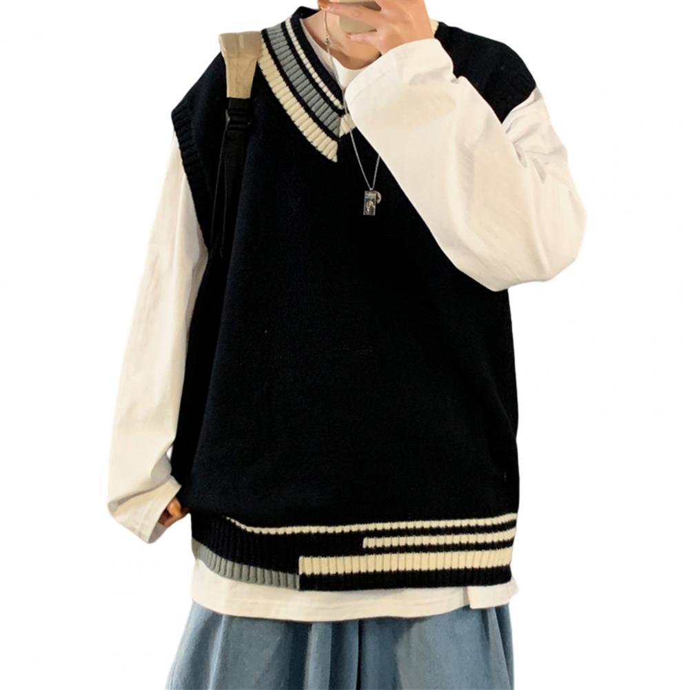 Description Picture 4 of itemCool Anti-shrink Streetwear Winter Sweater Elastic Men Vest Sweater Contrast Colors V Neck Winter Sweater for Dating