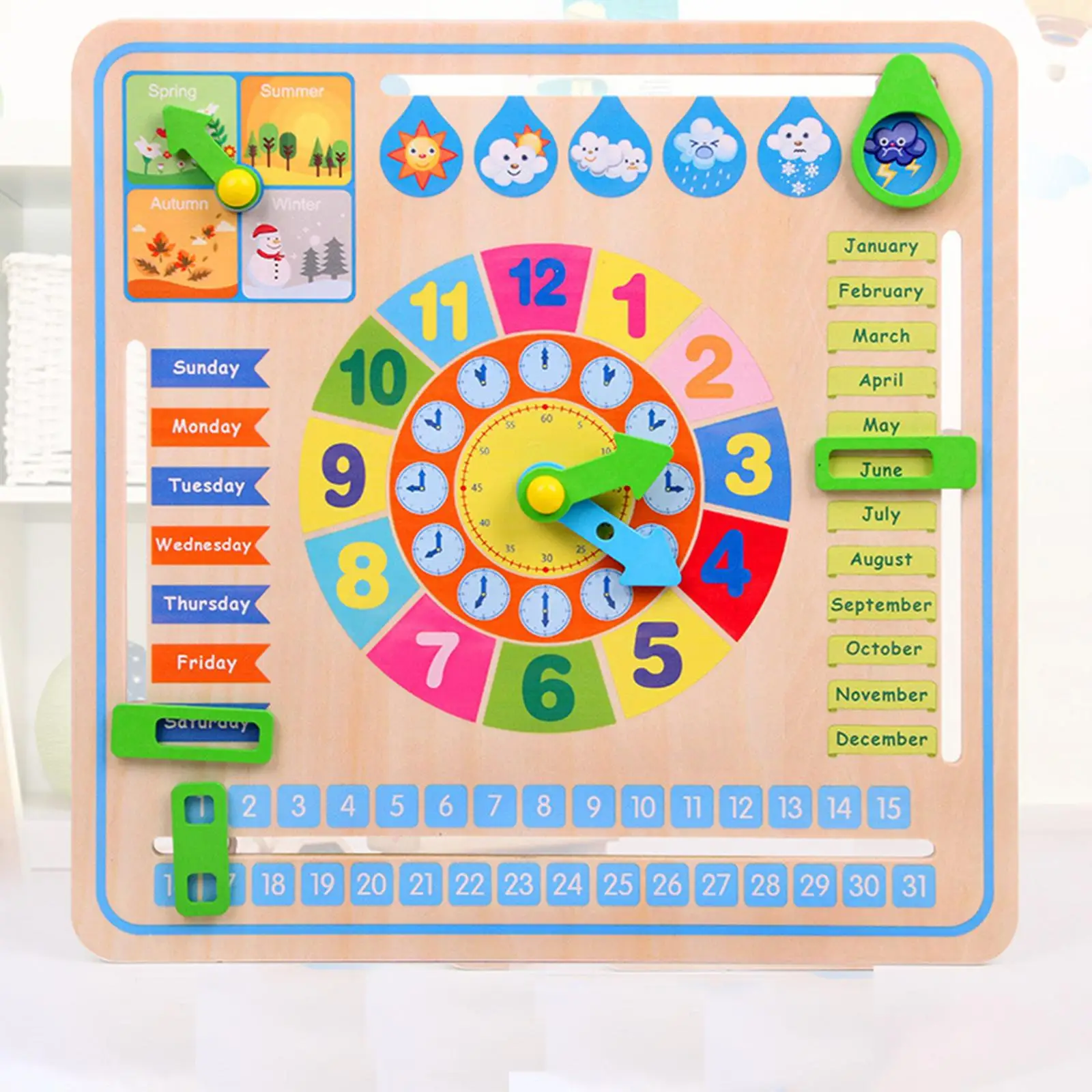Montessori Educational Wooden Preschool Telling Time Teaching Clock Time Calendar Clock for Toddlers Boys and Girls Kids