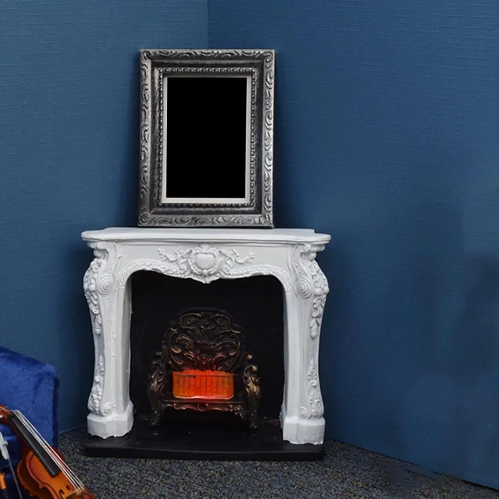 Dolls House Grey & Gold Fireplace with Flaming Fire 1:12 Scale Resin Furniture 