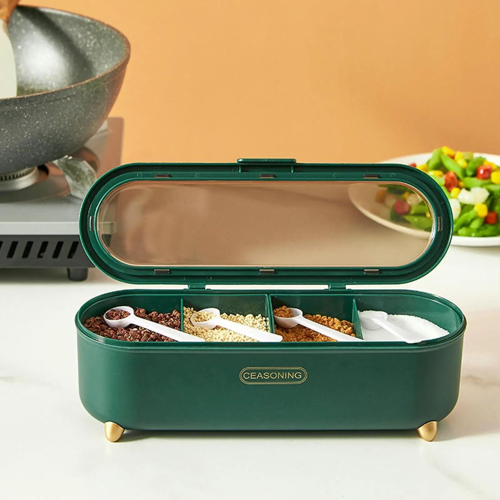 Seasoning box, 4 compartments seasoning pot with lid and spoon, transparent lid, kitchen seasoning pot, pepper, sugar and salt