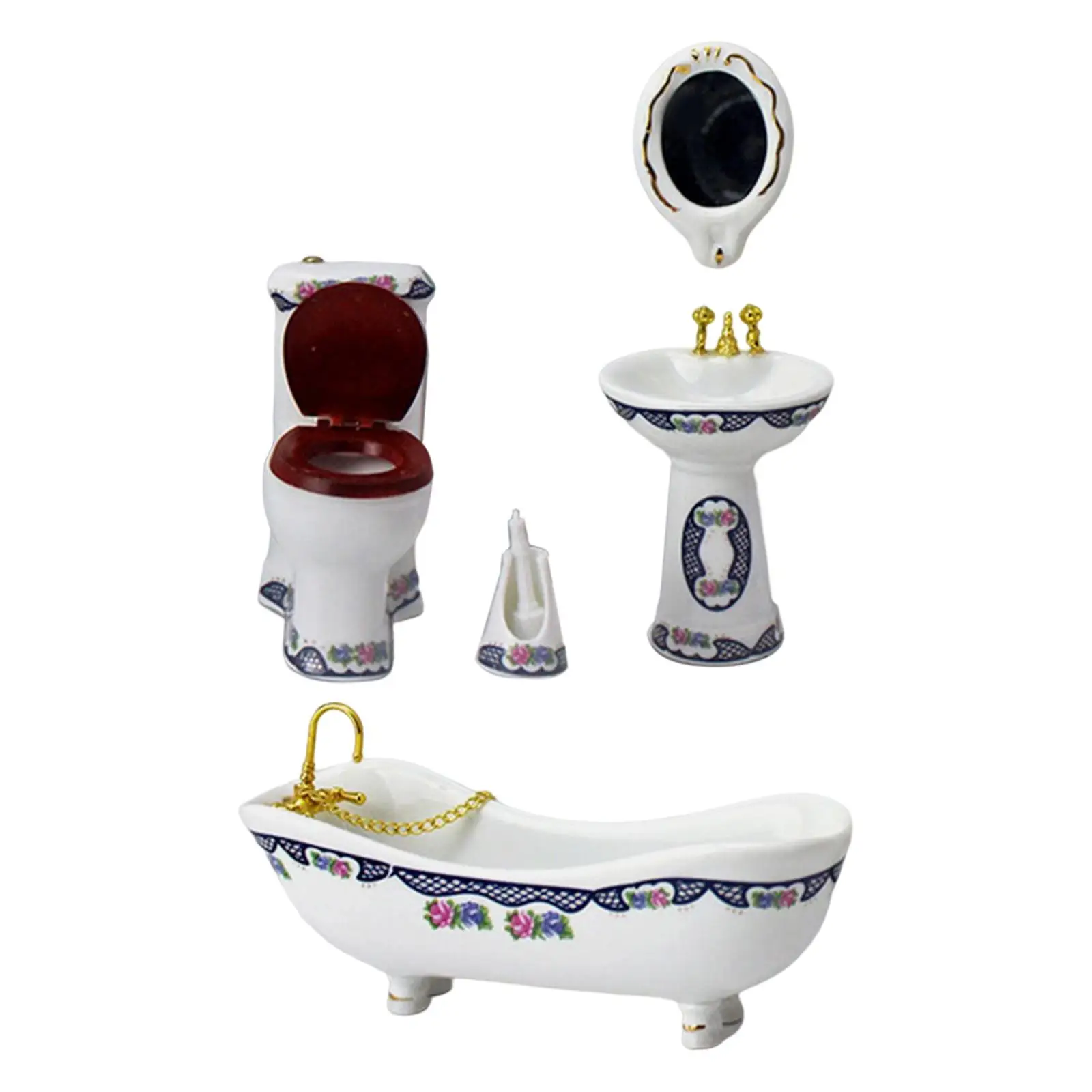 1:12 Dollhouse Miniature Bathroom Set Ceramic Toilet Basin Bathtub Mirror Miniature Furniture Doll Accessories for Bathroom
