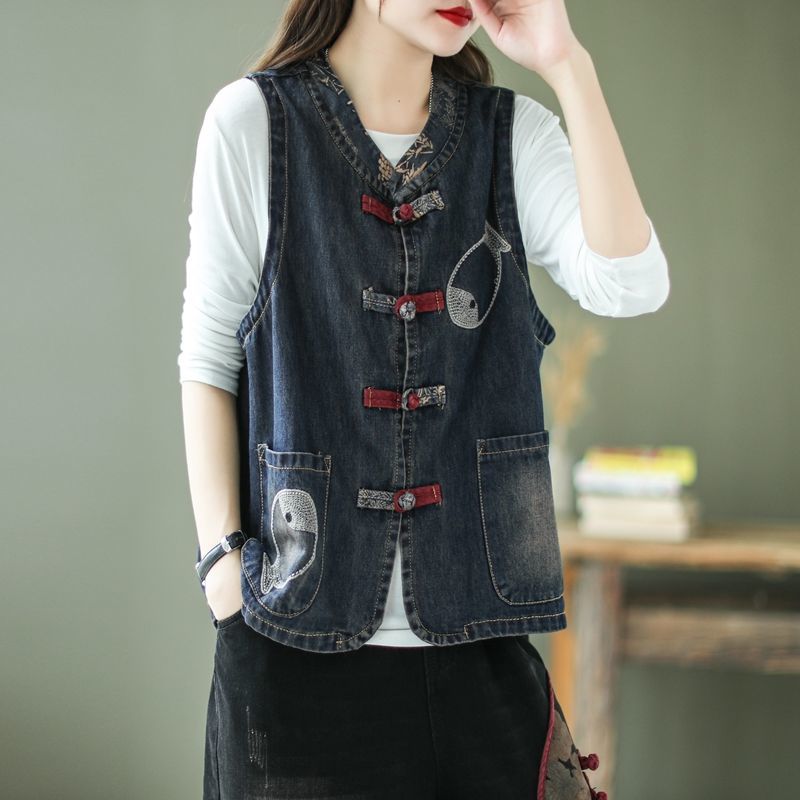 retro bordado feminino denim colete primavera outono sem mangas tops plus size denim cardigan coreano moda lazer solto nova za