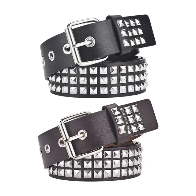 Classic 3 Row Pyramid Studded Leather Belt, 1.5 Removable Buckle