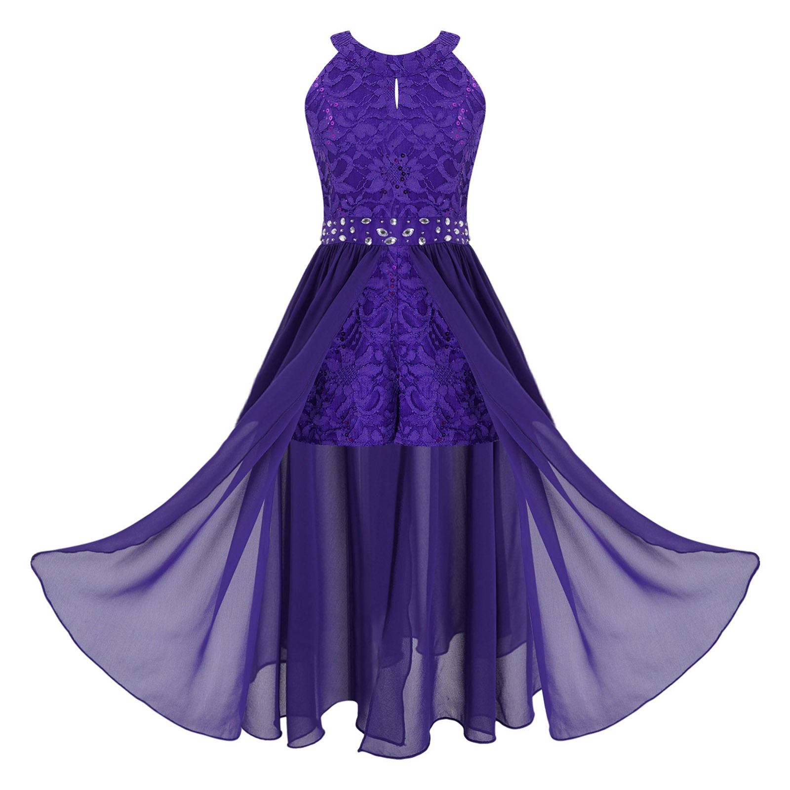 Kinder Mädchen Chiffon Kleid Blumenspitze Pailletten Stickerei Tanz Abendkleid Elegante Hochzeit Party Blumen Mädchen Prinzessin Kleid Strampler – Detail 3