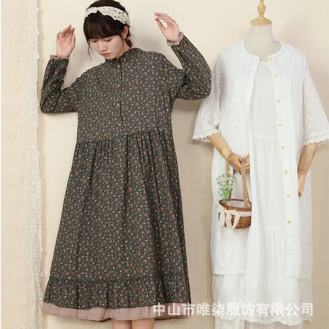 2023 Japanese Mori Gril Cotton and Linen Floral Dress Spring Loose
