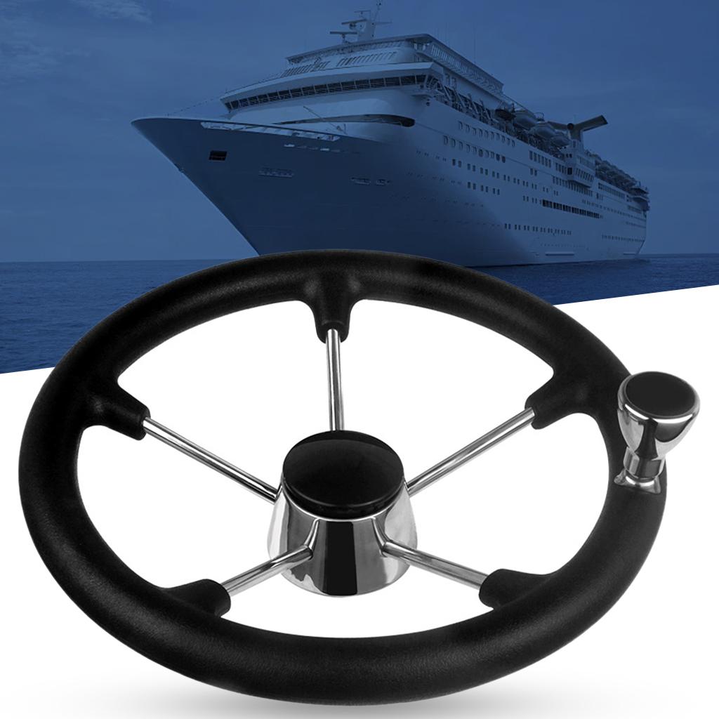 5 Spoke Boat Steering Wheel, 25 Degree Dish, Stainless Steel Steering Wheel with Knob Black Foam