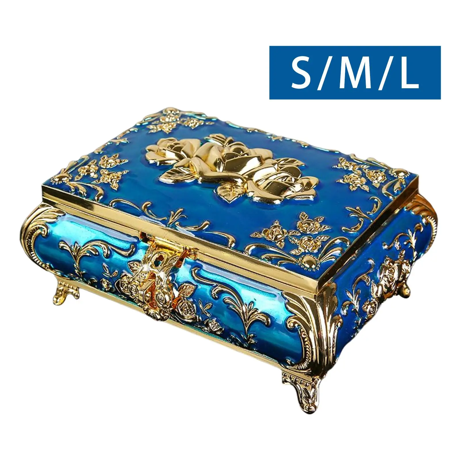 Trinket Box Floral Engraved Box Blue, Treasure Organizer Chest Zinc Alloy Material