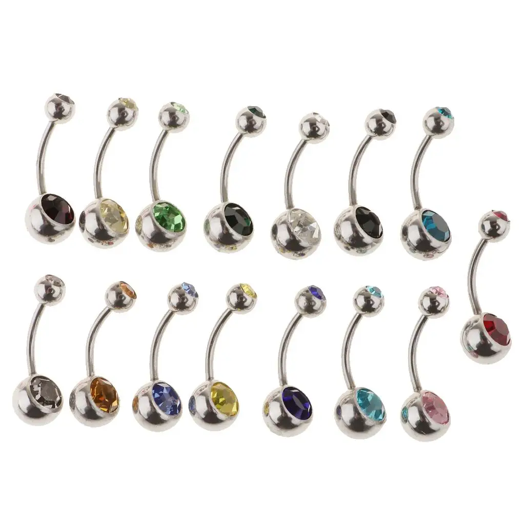 15Pcs Fashion Multicolor Crystal Navel Barbell Women Belly Button Rings - 18g