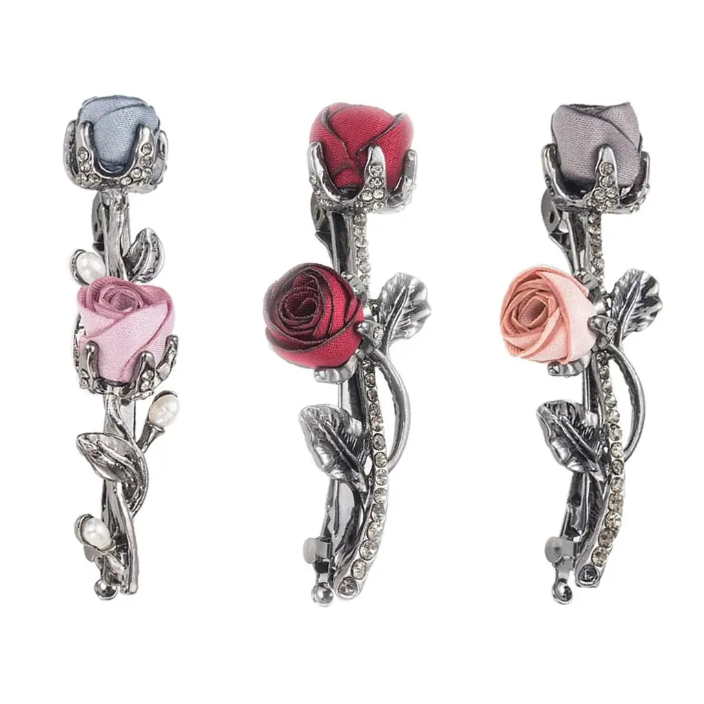 Vintage Style Rhinestone Rose Hair Clip Crystal Barrettes Jewelry