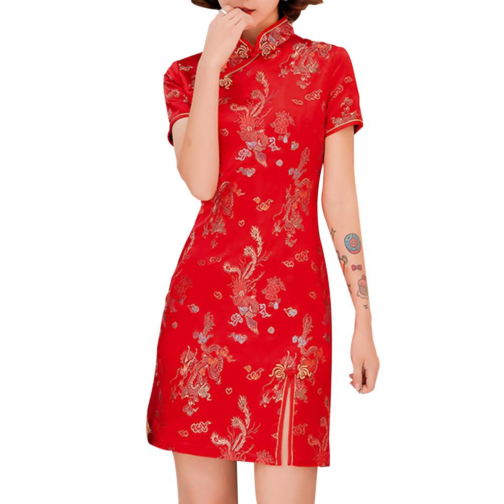 vermelho clássico gola mandarim curto cheongsam vestido de festa à noite qipao