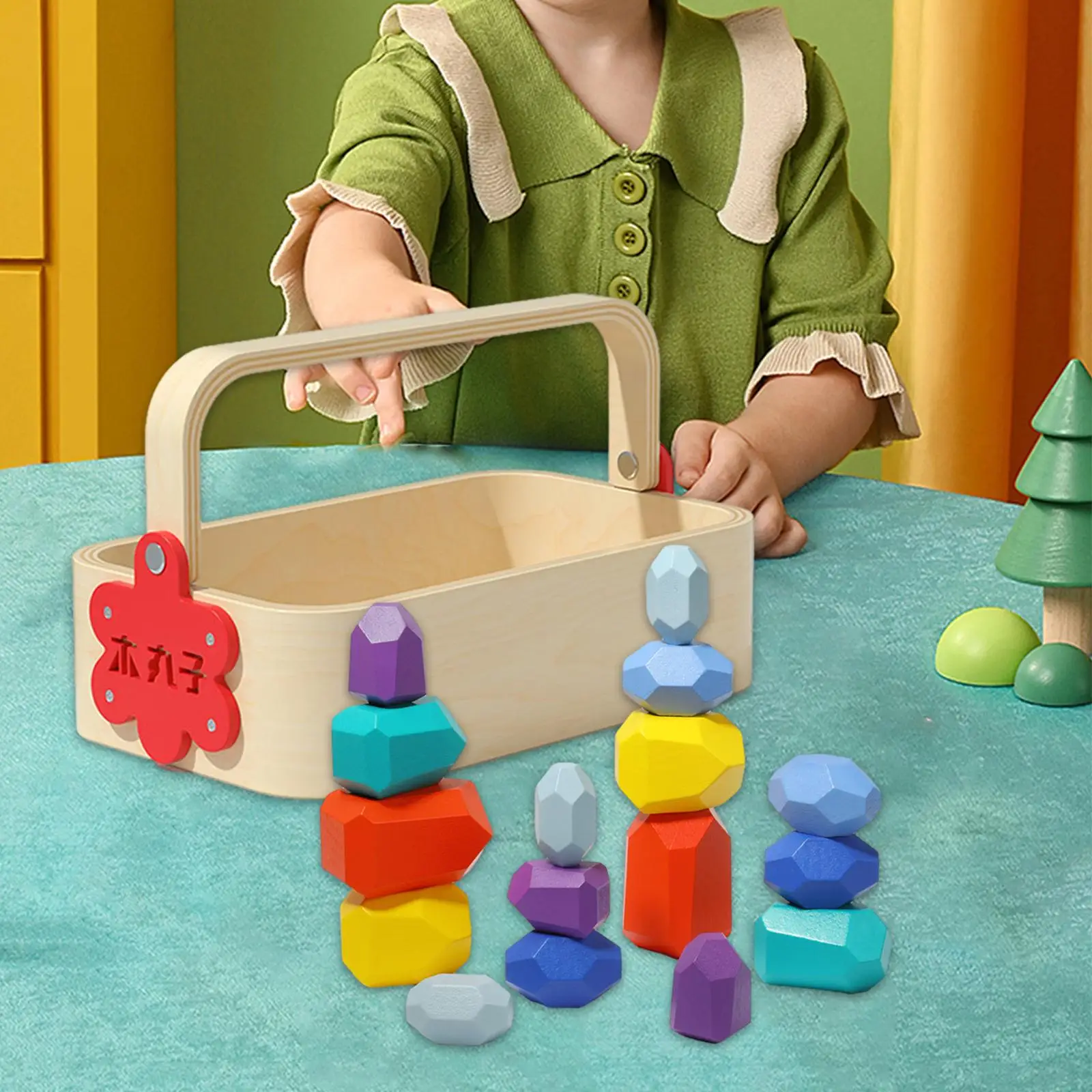 Stacking Blocks Rocks Wooden Montessori Toys Balancing Stacking for Kid 3 Years up Children